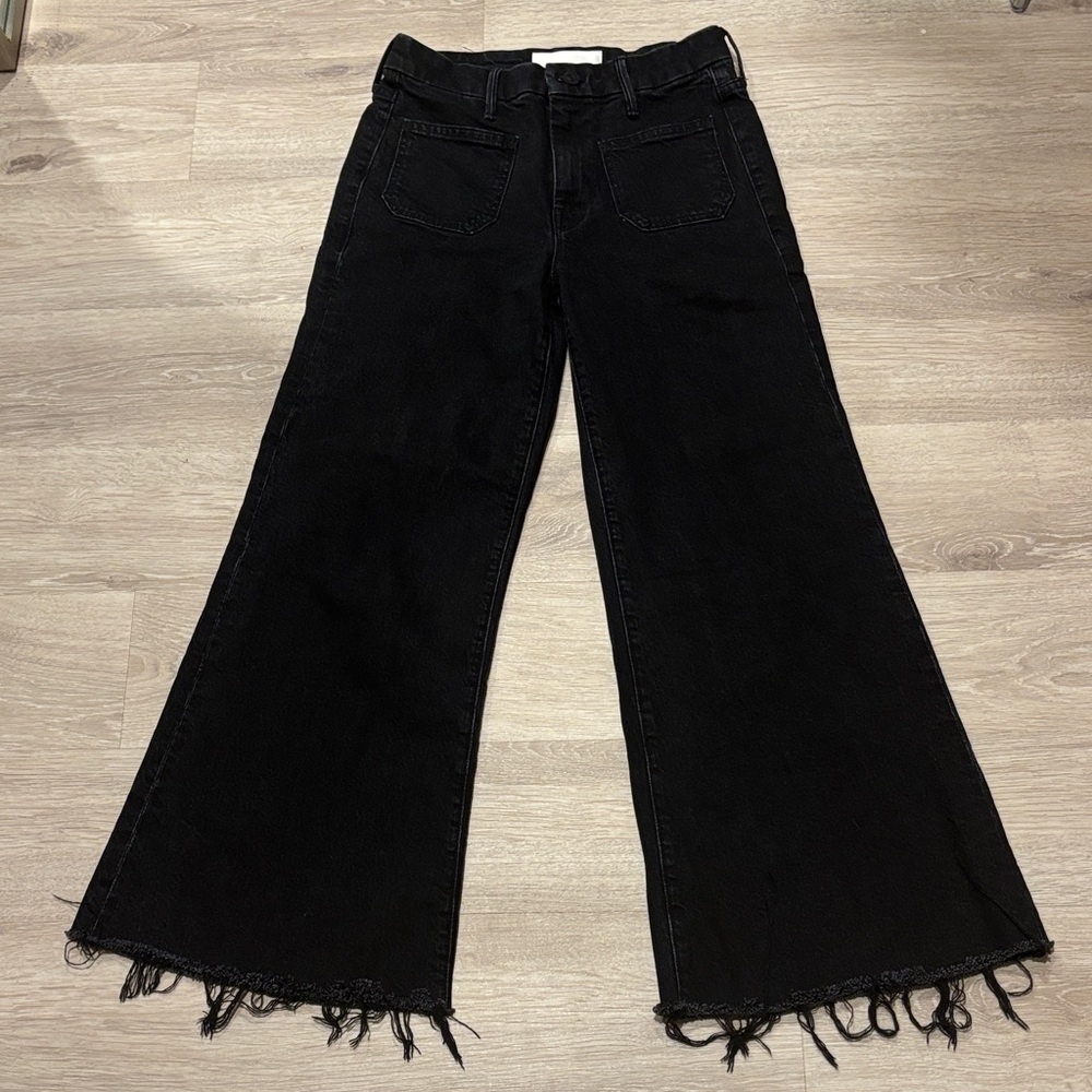 MOTHER Black Wide Leg Rambker Jeans with Frayed Hem